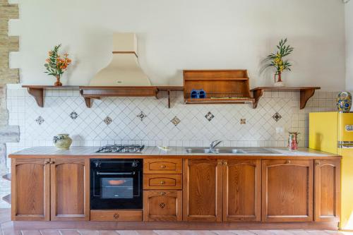 a kitchen with wooden cabinets and a sink at Podere Marcigliana in Radicondoli