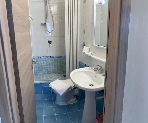 a small bathroom with a sink and a shower at Villa Dacla in Lampedusa