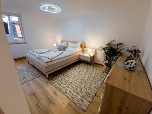 ein Wohnzimmer mit einem Sofa und einem Tisch in der Unterkunft Apartment Neuwirthof - rustikaler Charme in Sankt Georgen ob Murau