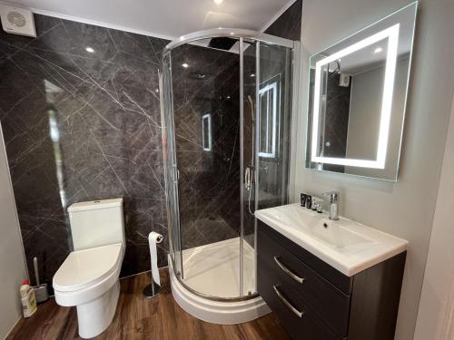 een badkamer met een douche, een toilet en een wastafel bij Pine Boutique Lodge with hot tub for couples & dog in York