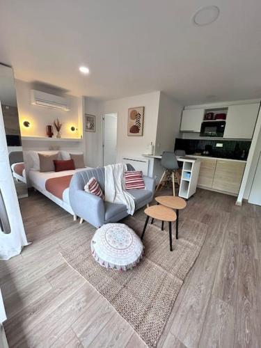 un salon avec un canapé et un lit dans l'établissement Terre d'occitan-Metro-Parking-Balcon, à Ramonville-Saint-Agne