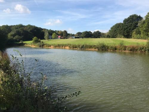 a view of a river with trees and a field at Cosy Cabin in Stock