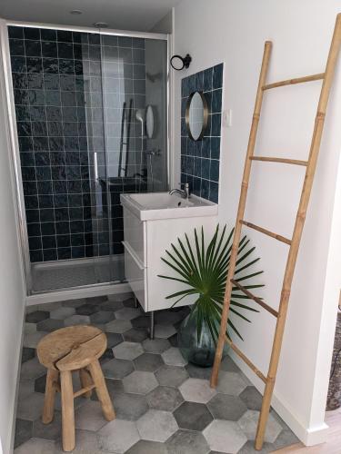 une salle de bain avec une échelle, un lavabo et un tabouret dans l'établissement Appartement cosy près de Toulouse et du Gers, à Toulouse