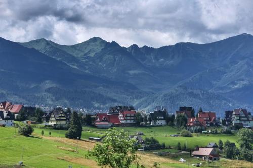 a town in a field with mountains in the background at Bukowina Glamp - Janiołów Wierch in Zakopane