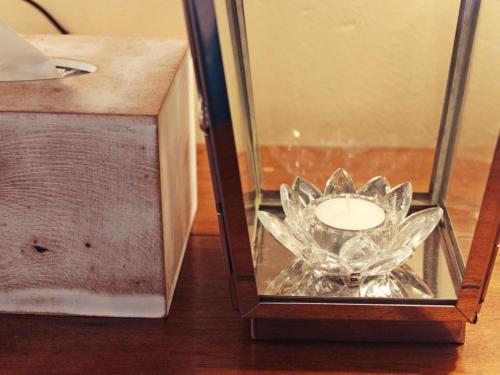 una flor de vidrio en una caja de cristal sobre una mesa en Victorian Manor Guesthouse en Frankfort
