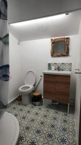 une salle de bain avec toilettes et lavabo dans l'établissement LE CABANON Piscine Jacuzzi Sauna Paillote, à La Seyne-sur-Mer