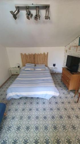 - une chambre avec un lit, une commode et une télévision dans l'établissement LE CABANON Piscine Jacuzzi Sauna Paillote, à La Seyne-sur-Mer