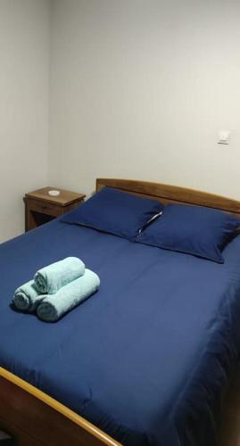 - un lit bleu avec une serviette dans l'établissement Maison de village avec son charme intérieur, à Nissan-lez-Enserune