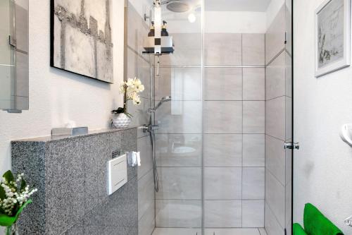 a shower with a glass door in a bathroom at Mosers Ferienwohnung am Sonnenhang in Jenbach