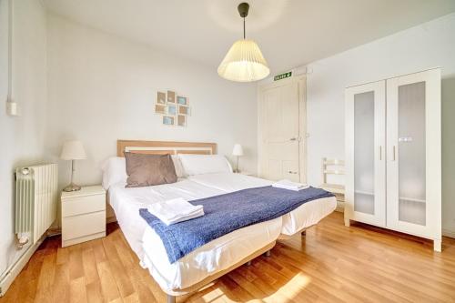 パンプローナにあるApartamento La Capilla by Clabaoのベッドルーム1室(大型ベッド1台、青い毛布付)