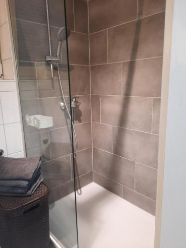 a bathroom with a shower with a glass door at Apartment Am Mühlenbusch in Neuss
