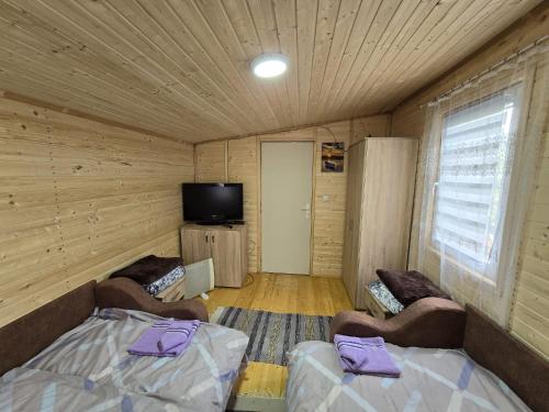Habitación con 2 camas y TV de pantalla plana. en Dedin Konak en Golubac