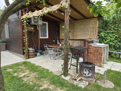 a patio with a grill and a table and a barbecue at Dedin Konak in Golubac