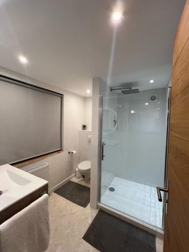 シャモニー・モンブランにあるApartment Mont Blancのバスルーム(シャワー、洗面台、トイレ付)