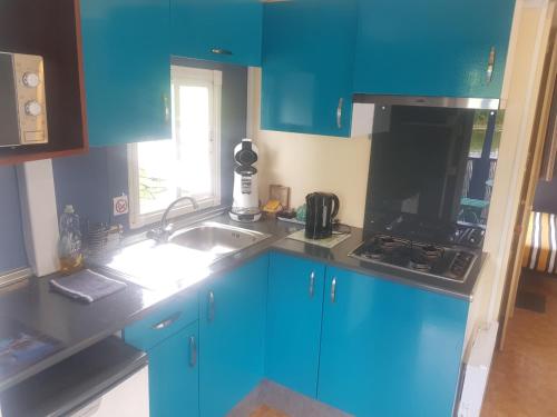 a kitchen with blue cabinets and a sink at Cottage flottant Terrasse Nature près Dijon 