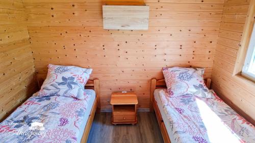 two beds in a small room with wooden walls at Domki przy Akacjowej in Rydzewo