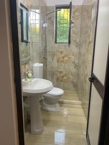 a bathroom with a toilet and a sink at Velipoja Sea House in Velipojë
