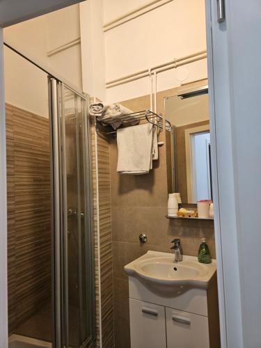 y baño con lavabo y ducha. en Apartments Lina - Center with free parking!, en Zagreb