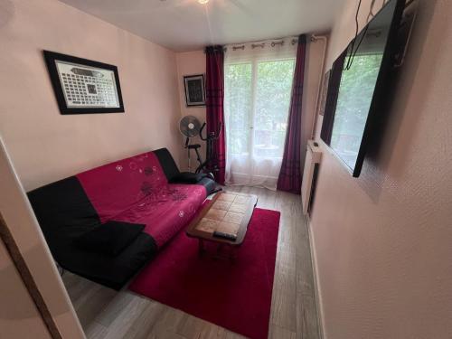 un salon avec un canapé rouge et une table dans l'établissement Appartement vu sur Seine, à Épinay-sur-Seine