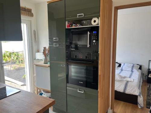 une cuisine avec un four encastré et un micro-ondes dans l'établissement Ty Bihan, à Quiberon