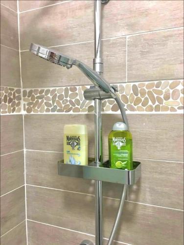 La salle de bains est pourvue d'une douche et d'un distributeur de savon. dans l'établissement Joli studio proche plage, vieux port & Palais Pharo, à Marseille