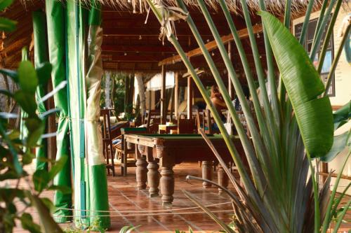 ein Restaurant mit einem Tisch, Stühlen und einer Pflanze in der Unterkunft Sleeping Trees in Koh Rong Sanloem