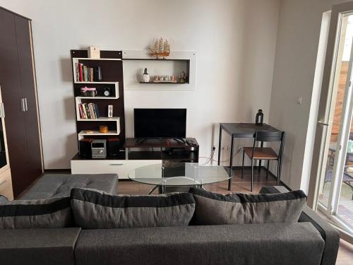 ein Wohnzimmer mit einem Sofa und einem Tisch in der Unterkunft Cozy Studio in Belgrad