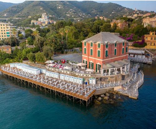 an aerial view of a pier in the water at Hotel Villa Marosa in Rapallo