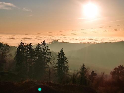a misty sunrise in the mountains with trees at ECO CEIBA in Busque