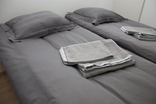 ヘルシンキにあるAurinkolahti cosy apartment with warm parkingの灰色の枕とタオルが置かれたベッドが2つ