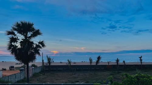 una palmera frente a una playa al atardecer en Greens Villa, en Kattankudi