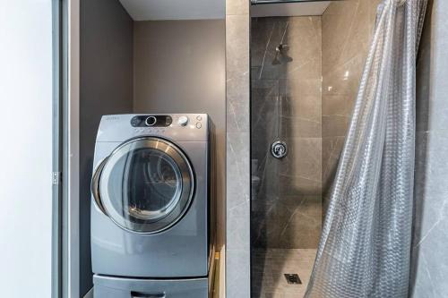 a washing machine in a bathroom with a shower at Les aurores in Harrington