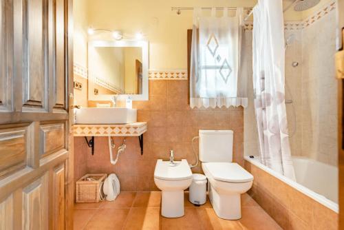 Vinyols i els Arcs的住宿－Masia Castellvi，一间带卫生间和水槽的浴室
