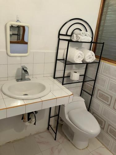W łazience znajduje się umywalka, toaleta i lustro. w obiekcie Su Casa Bonita, Negril w Negril