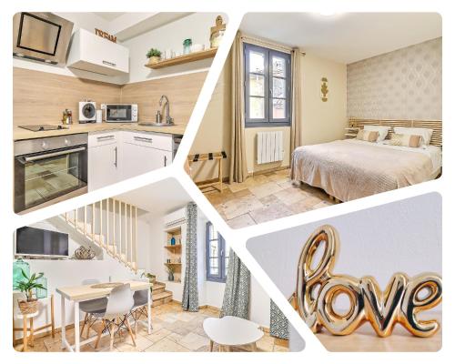 a collage of photos of a kitchen and a bedroom at LA MAISON FAYARD - 3 pers - Centre Clim Wifi Cosy Garage in Saint-Gilles