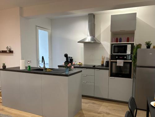  La cuisine est équipée de placards blancs et d'un réfrigérateur. dans l'établissement Esprit méditerranéen, à Toulon