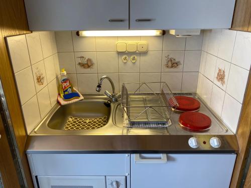 a kitchen sink with a dish drying rack on it at Ferienwohnungen Marmulla in Soltau