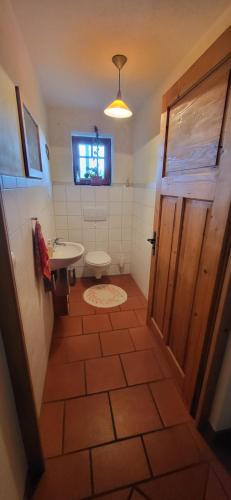 a bathroom with a sink and a toilet and a window at Ferienhof Rindalphorn mit Sauna in ländlicher Idylle in Missen-Wilhams