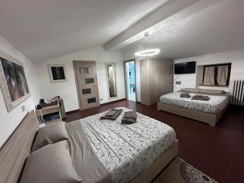 卡斯泰洛城Agriturismo Villa Paradiso Esotico的有两张床和一台电视的酒店房间