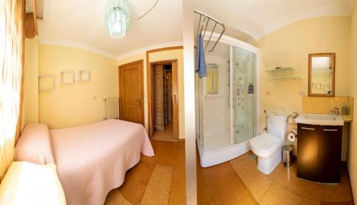 two pictures of a bathroom with a bed and a toilet at Casa Vila do mar in Baiona
