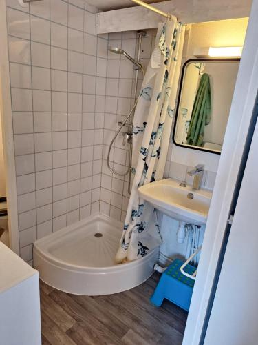 une petite salle de bain avec un lavabo et une douche dans l'établissement Appartement 2 pièces 33 m2 pour 4 personnes, à Saint-Jean-de-Monts
