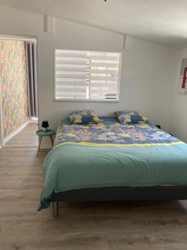 une chambre avec un lit dans une pièce avec une fenêtre dans l'établissement Gîte COQUELICOT F2 avec piscine et SPA, à Saint-Jean-de-Boiseau