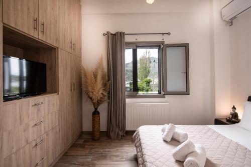 a bedroom with a bed and a television and a window at Sea and sun in Kalamitsa
