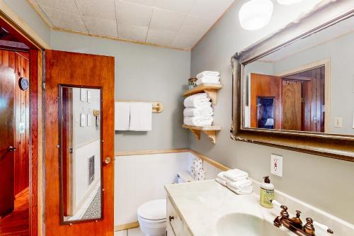 a bathroom with a sink and a toilet and a mirror at Mountain Memories in Shaver Lake
