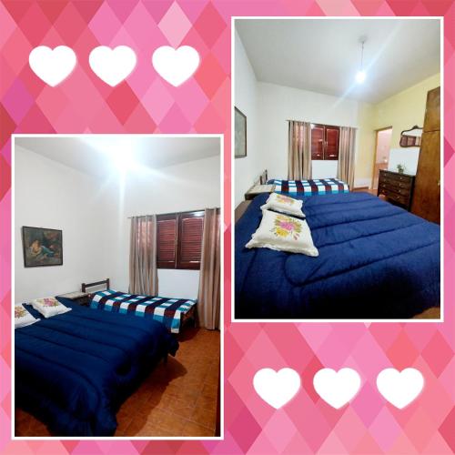 un collage de 3 fotos de un dormitorio con 2 camas en Hospedaje La Gringa en Tinogasta