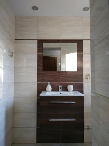 ein Badezimmer mit Waschbecken und Spiegel in der Unterkunft Zielony Dom - Przystań Kajakowa Zakole in Krasnopol