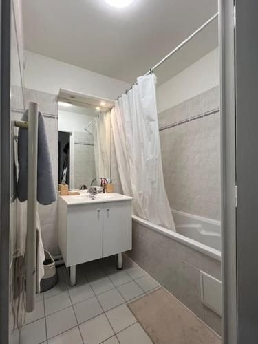 une salle de bain avec un lavabo, une baignoire et une douche dans l'établissement Superbe T2, Paris, Stade de France, WIFI, Parking, à Saint-Denis