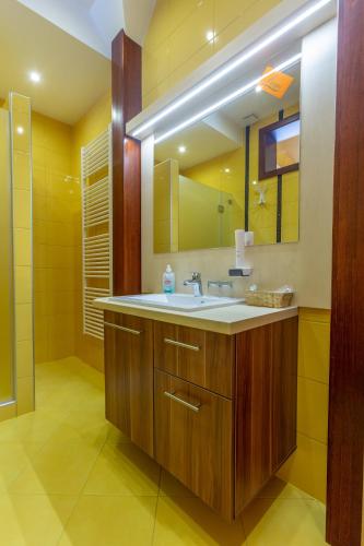 a bathroom with a sink and a mirror at Hotel Mayer Alsóörs in Alsóörs