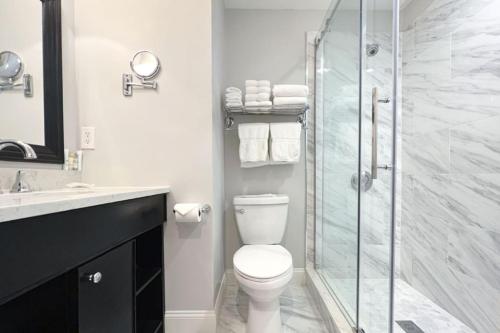 a bathroom with a toilet and a glass shower at Newbury Guest House in Boston