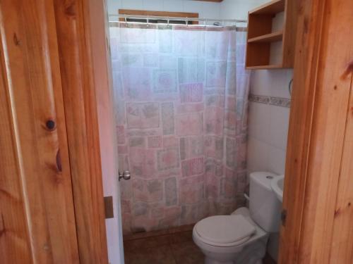 uma casa de banho com um WC e um chuveiro em Cabañas algarrobo em Algarrobo